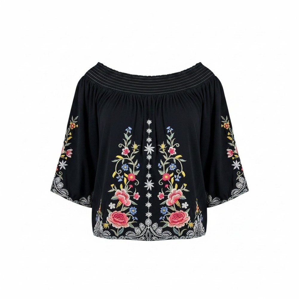 Johnny Was Los Angeles Womens BOHO Black Cotton Floral Embroidered Peasant Top L